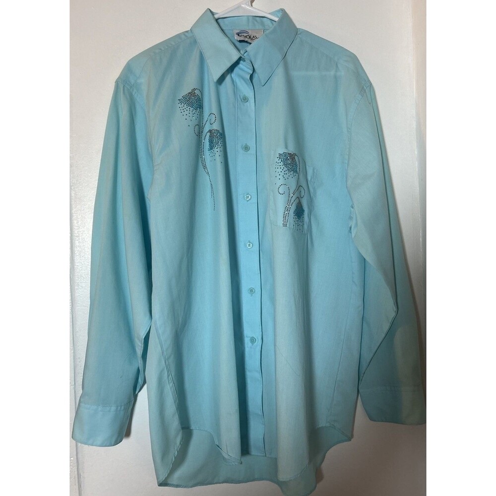 Ladies Las Olas Blue with Floral Embroidery and Studs Shirt Size L Button-up